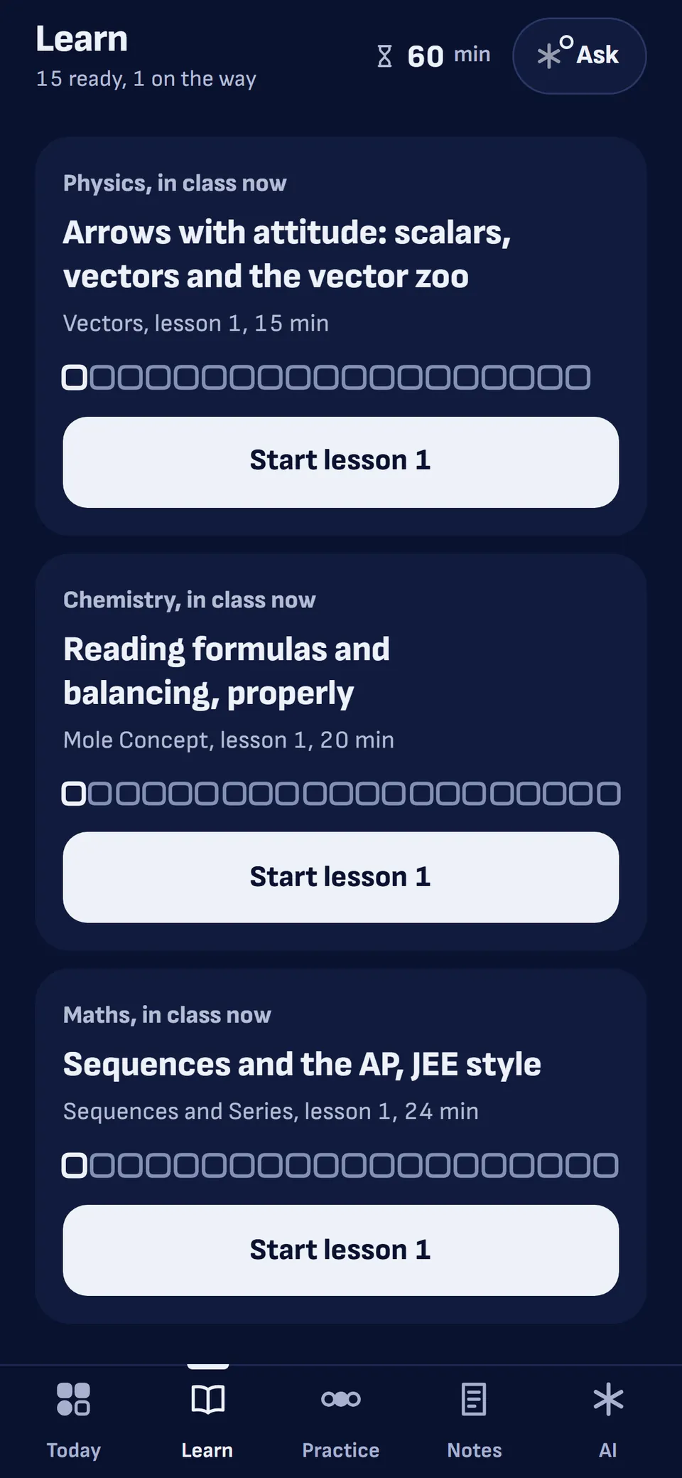 The Learn tab in hite: one card per subject, each with the lesson in class now and a Start lesson 1 button.